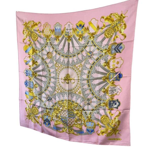 Hermes British Heraldry Coat Of Arms Pink Gold Blue 100% Silk Scarf 90cm Square - Picture 6 of 16